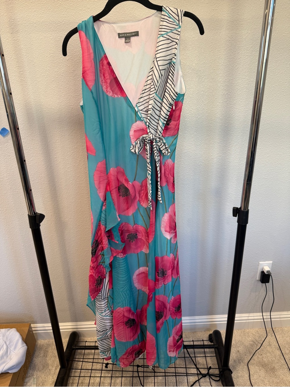 Kate & Mallory Turquoise Midi Dress with Pink Poppy Floral Print